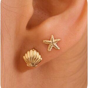 Stud Earrings Gold Brass Dainty Marine Life Nature Inspired Hypoallergenic